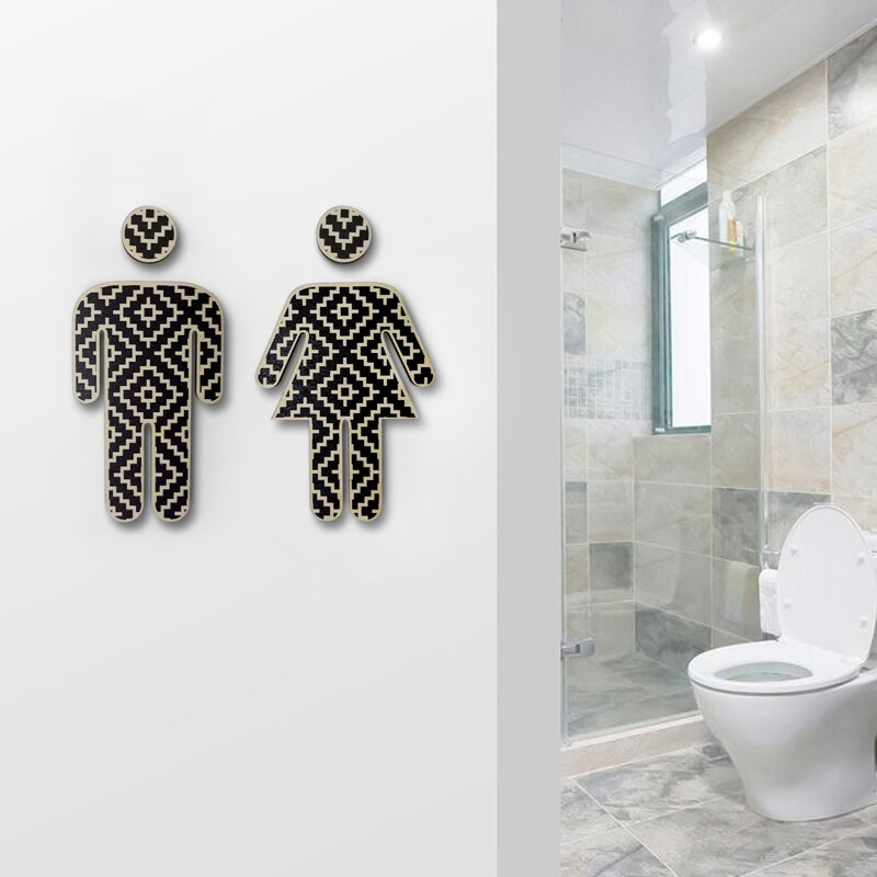 2PCS Wooden Toilet Signs Unisex Self Adhesive Warning Sign Men &amp; Women Logo Bathroom Toilet Door Decoration Stickers