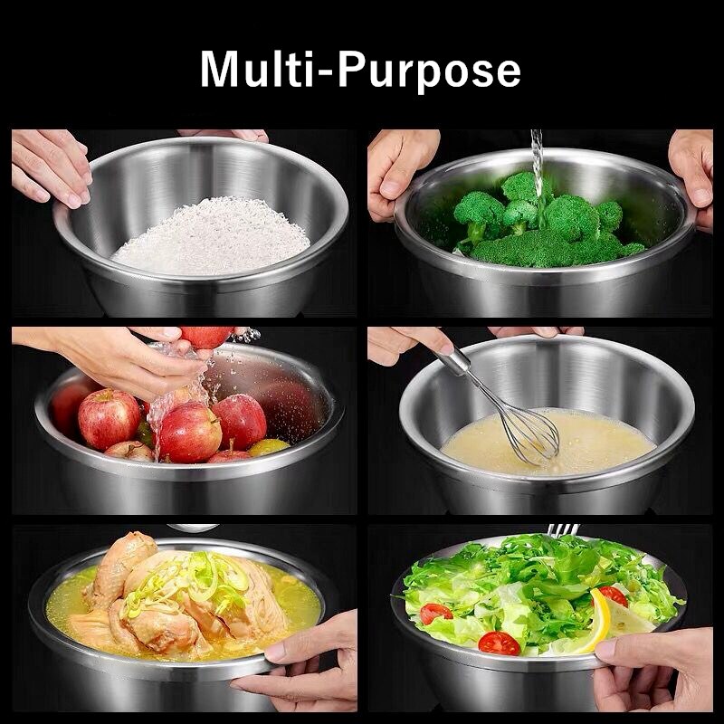 Stainless Steel Rice Sieve Washing Vegetables Basin Drain Basket Salad Egg Mixing Bowls Set Soup Basin Strainer Kitchen Utensils