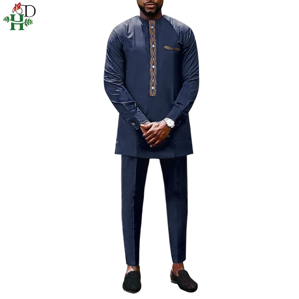 H&amp;D Long Sleeve Shirt Pants 2 PCS Set African Men Embroidery Dashiki Ankara Outfits Traditional Clothing Tenue Africaine Hommes