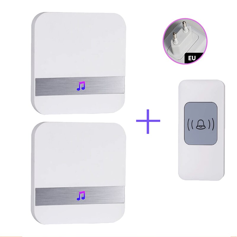 Smart Doorbell Plug-through Welcome Chime Kit Button Door Bell Wireless Remote Control Home Security Accessories: EU 1Button 2Receiver