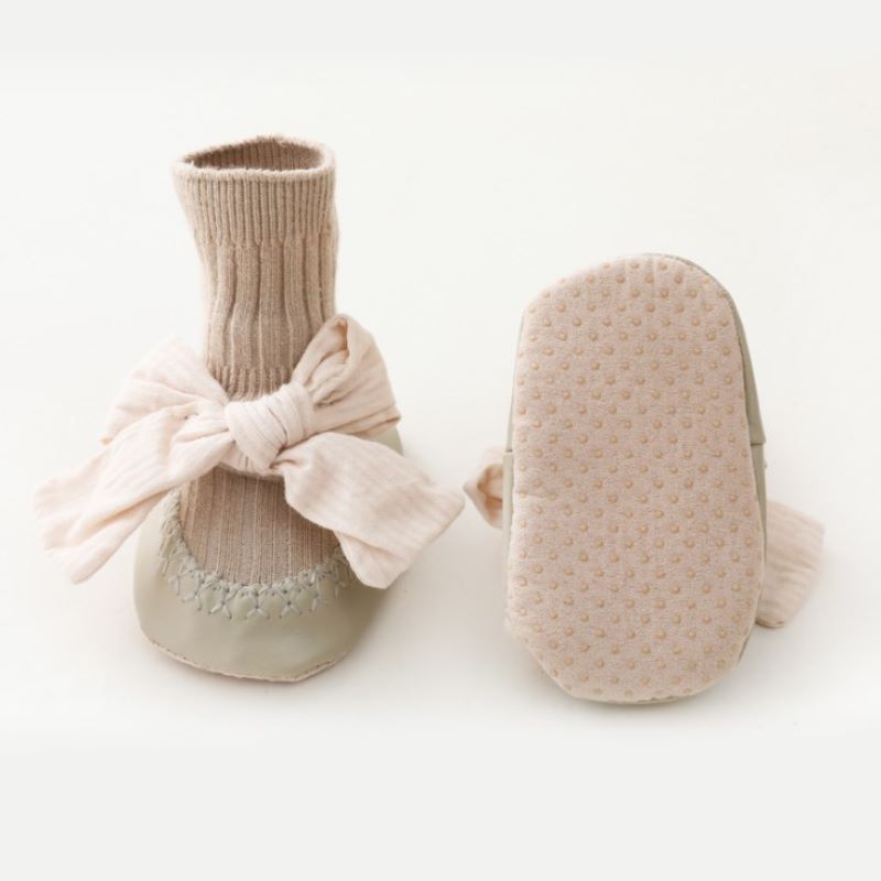 Spring Autumn Baby Girls Socks Newborn Baby Bowknot Socks Infant Baby Socks Anti Slip Soft Cotton Floor Sock Shoes: Khaki / S(0-6M)
