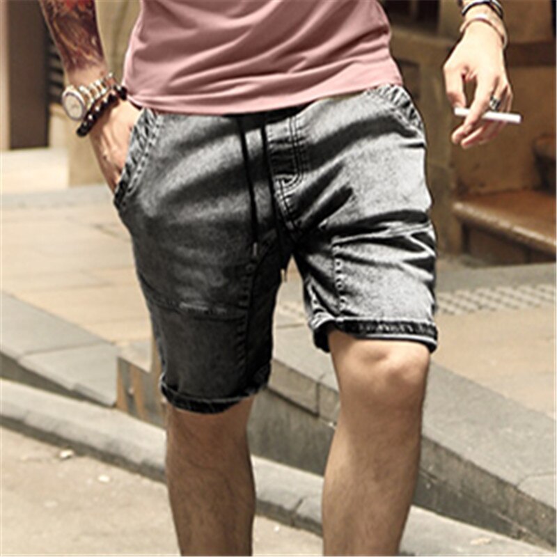 TANG Casual Shorts for Men Elastic Waist Gray Washed Old Men's Denim Shorts Male Cowboy Short Pants