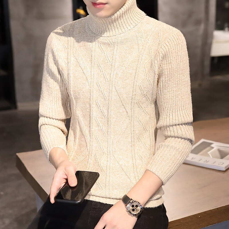 020 höst- och vintertröjor med hög hals för män i koreansk stil smal stilig ungdom avslappnad stickade tröjor: Beige / Xxxl