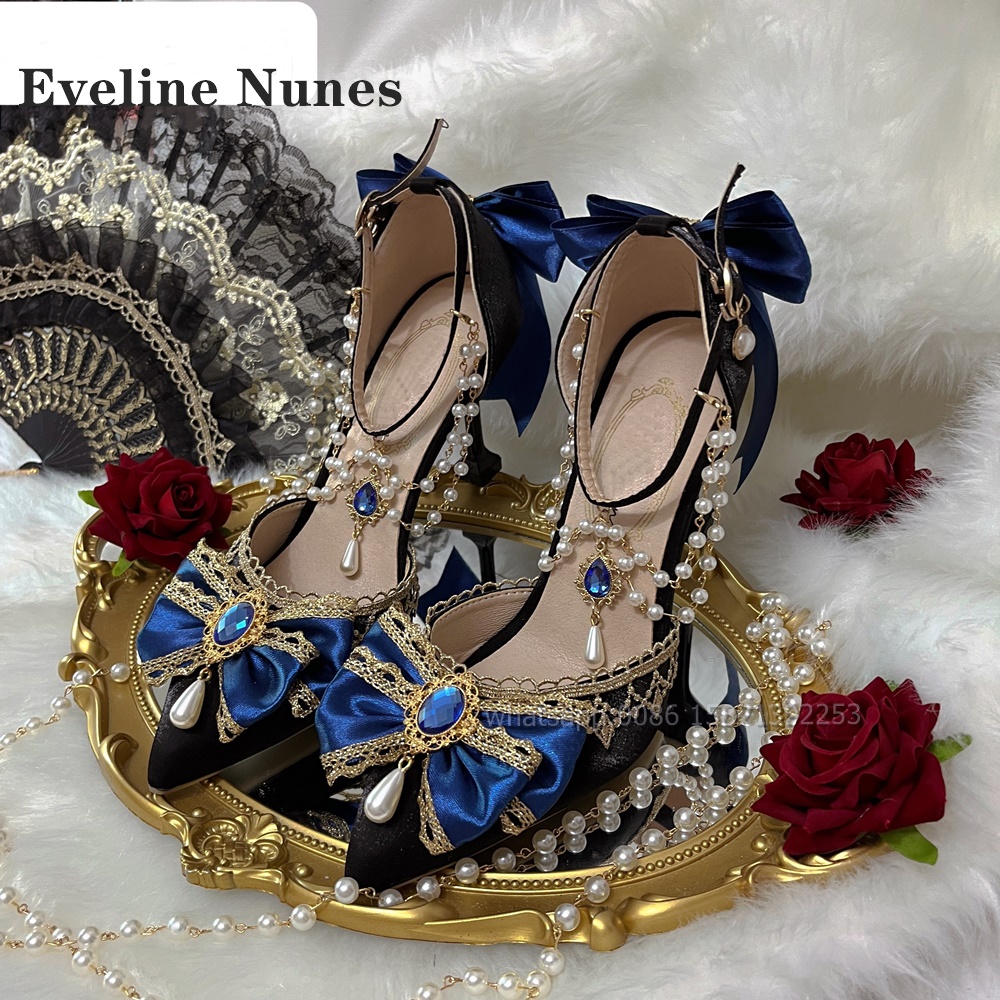 Sandálias femininas com gemas de pérola curva, dedo apontado, estilete, cetim de renda, alça reta, salto feminino, estilo lolita, bombas requintadas, festa, 2024: Azul / 39