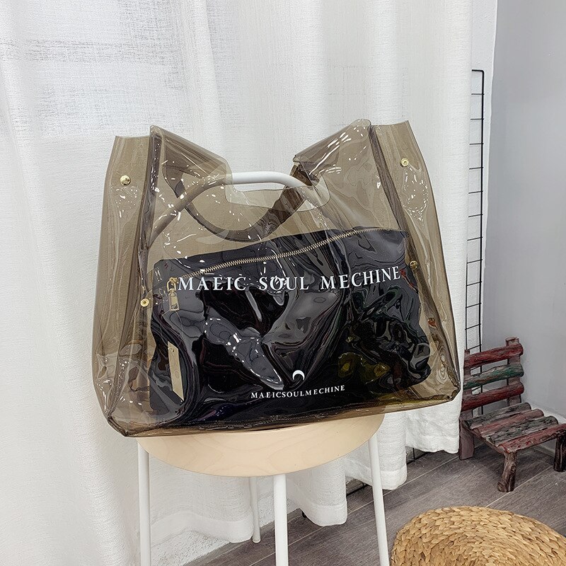 2019 Novo Saco Mulheres Bolsa de Ombro Grande Capacidade de saco de Praia PVC Transparente Geléia Bolsa Doces Casuais Tote Weekender Viagem Duffel Bag: Black