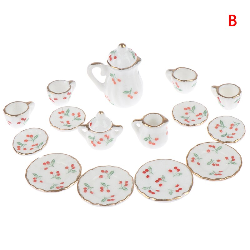 1:12 Miniature 17PCS Porcelain Tea Cup Set Chintz Flower Tableware Kitchen Dollhouse: B