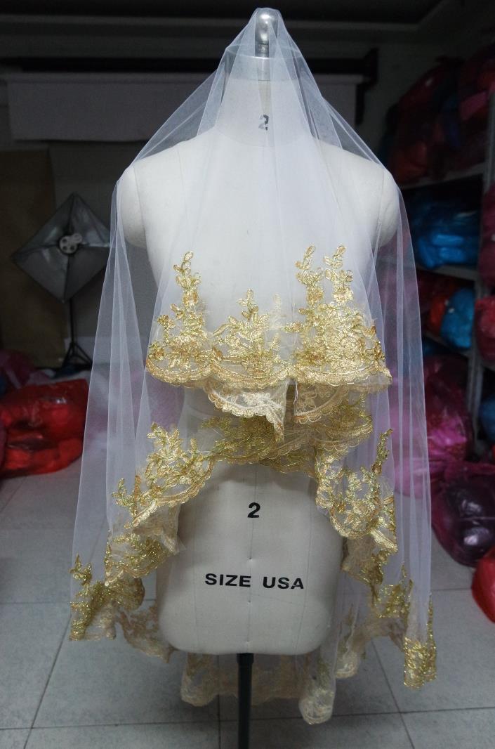 SHAMAI Gold lace edge burgundy red wedding veils long 150cm Length One Layer Bridal veils Wedding Veil Wihtout Comb
