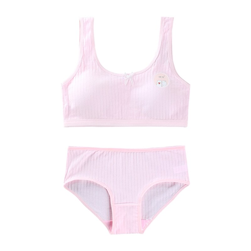 Teens Girls 2Pcs Underwear Set Cute Bear Print Bow Padded Training Bra Panties: Pink