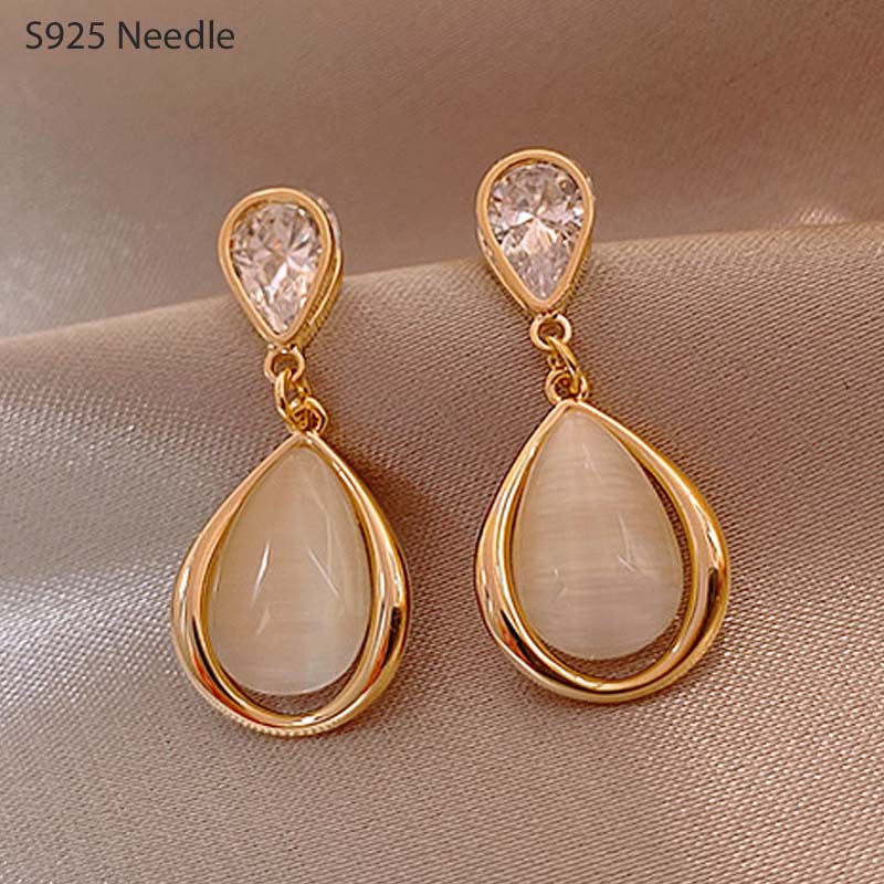 925 Sterling Zilveren Naald Dangle Oorbellen Voor Vrouwen Sieraden Gold Opal Cats Eyes Vintage Vrouwelijke Oorbellen Bijoux
