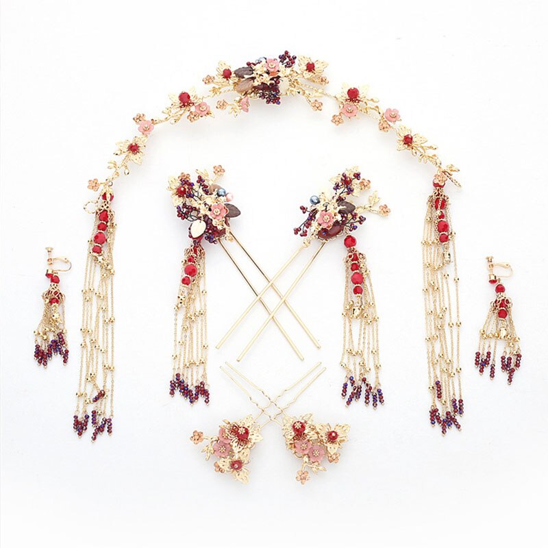 FORSEVEN chinois Vintage mariée ensemble de bijoux de mariage chine traditionnelle ethnique chapellerie de mariée diadème couronne épingles à cheveux boucles d'oreilles