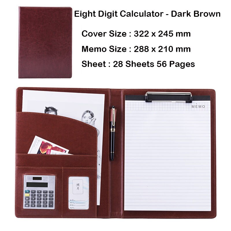 Document Bestandsmap Zakken A4 Pu Lederen Rekenmachine Multifunctionele Kantoorbenodigdheden Organizer Manager Pads Aktetas Padfolio: B  dark brown