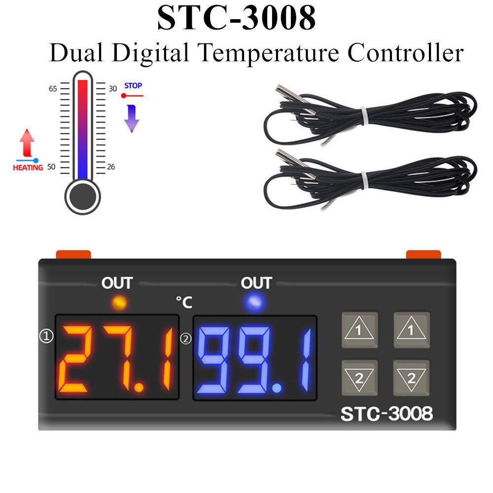 Controlador de temperatura Digital Dual STC-3008, termostato termorregulador de salida de dos relés con refrigerador de calentador, 12V, 24V, 110-220V