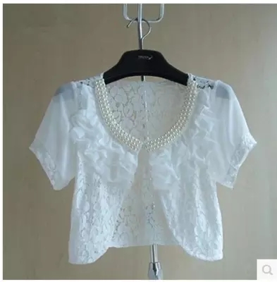 Weiß Frauen Kurzarm Perlen zucken Bolero Spitze Hochzeit Braut Sommer Jacke Elegante Kap Sonnenschutz Kleidung