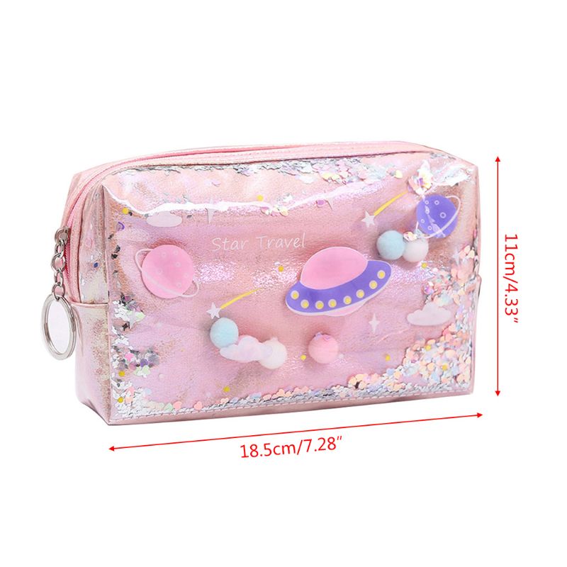 Lovely Large Quicksand Planet Pencil Case Leather Pen Box Makeup Bag Girls 090F