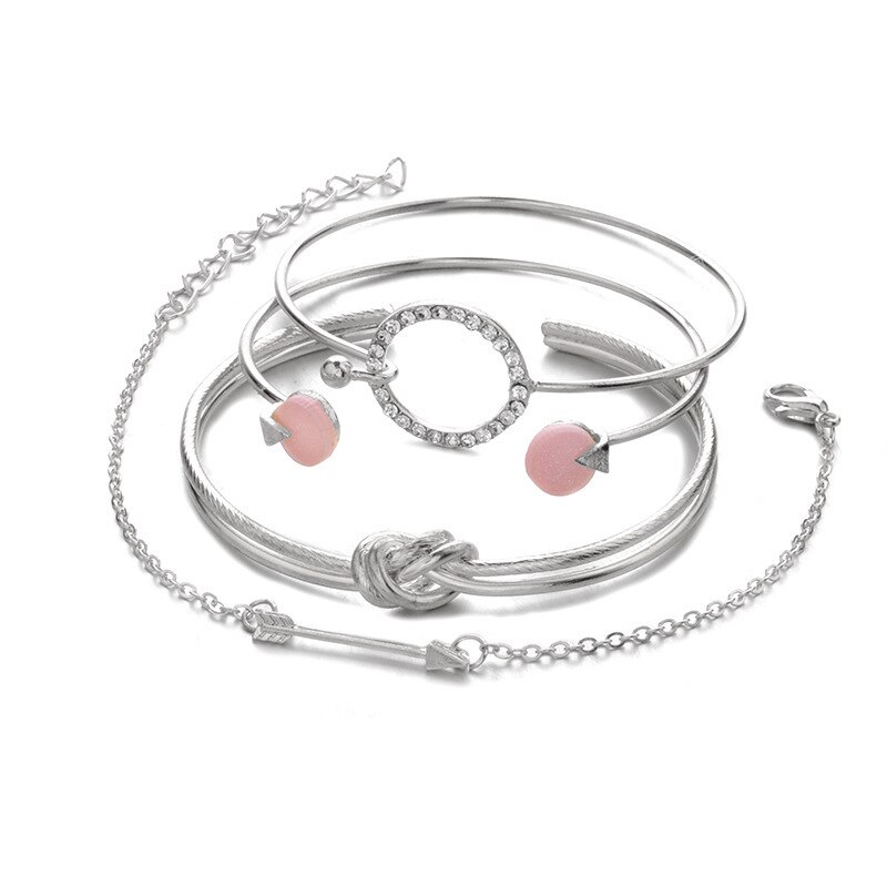 Eenvoudige Charme Armbanden Set Voor Vrouwen 4 Stks/set Pijl Knoop Crystal Ronde Manchet Armbanden & Bangles Gold Boujox Sieraden: silver