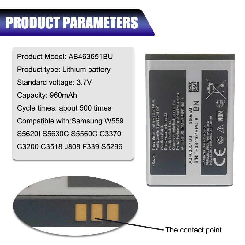 1PCS AB463651BU Battery for Samsung GT-C3060R C3222 C3322 C3530 S5600 S5610 S7070 P220 P260 AB463651BA AB463651BE