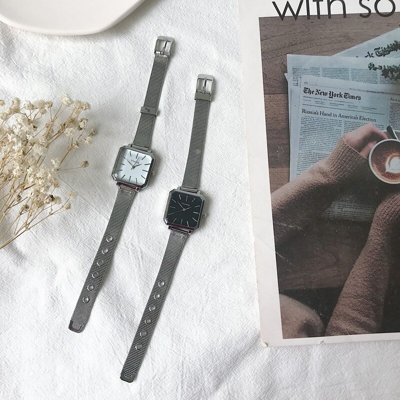 Montres en argent pour femmes, carré Vintage pour dames, Ulzzang, montre à Quartz décontractée avec bracelet en maille