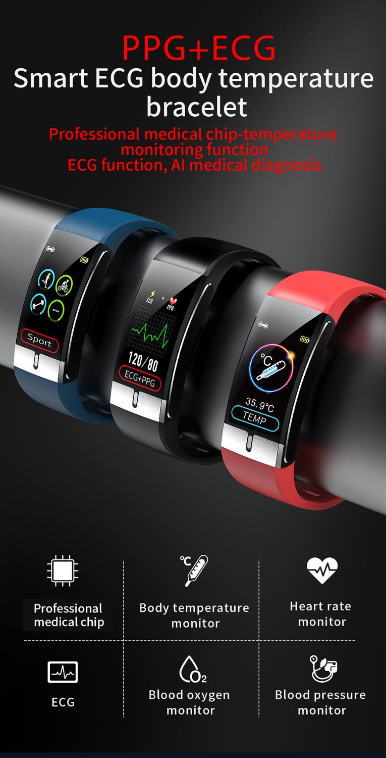 Smart klocka herr  e66 kroppstemperatur ecg ppg vattentätt sportarmband blodsyre puls smartklocka för ios android