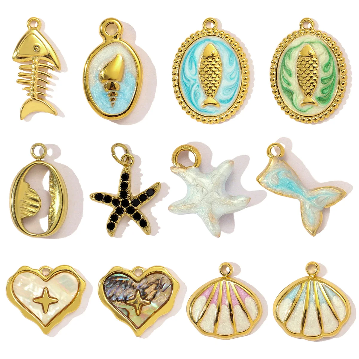 3 teile/los Edelstahl Fisch Knochen Meerjungfrau Schwanz Armbinde DIY Charme Frauen Hülse Krabben Conch Halskette Anhänger Herz Liebe Schmuck