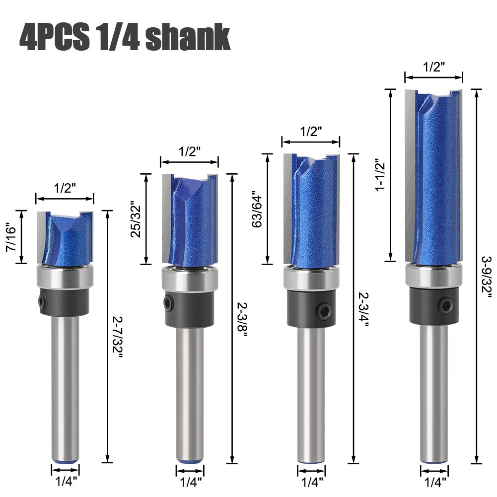 1 stk 1/4 i 6mm skaft fres fres trimming trebearbeiding fres doble blader: 4 stk 6.35mm skaft