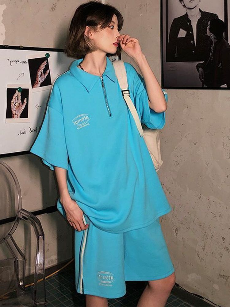 Puku juzg Sportbekleidung damen #39 sommer, lockere kurzarm-t-Hemden, gymnastikshorts, lauf- und freizeit-zweiteiler: Himmelblau / L