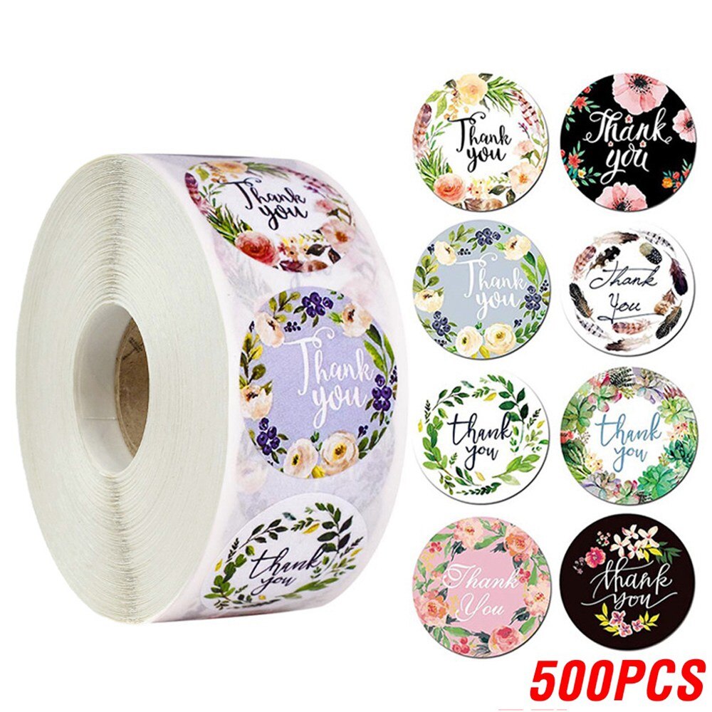 Étiquettes autocollantes merci, autocollant rond Floral, multicolore, 8 Styles, papeterie faite à la main, 100 à 500 pièces/rouleau: YH225-500pcs