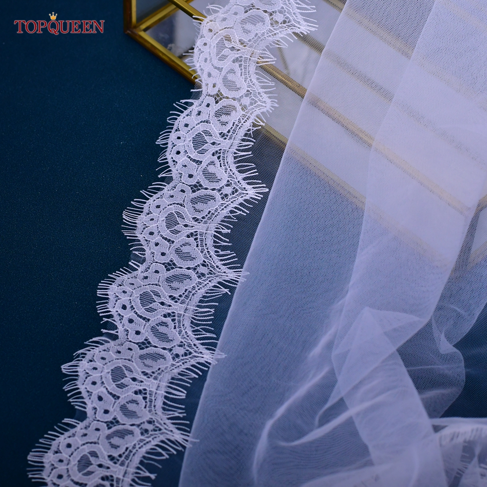 TOPQUEEN-velo de novia V154, borde de encaje suave, velos de novia lisos, una sola capa, , Rochii, romántico, encaje de pestañas, longitud del codo