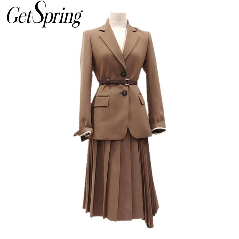 Getspring kvinder frakke kvinder jakkesæt frakker bælte split kvinder blazere jakker camel black all match vintage sommer blazer kvinder