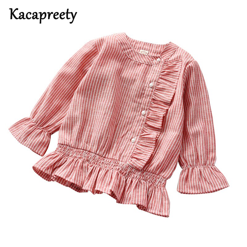 Blusa de encaje con volantes para niña, camisa de manga larga de algodón a rayas para niño, tops, prendas de vestir para niño de 2 a 8 años