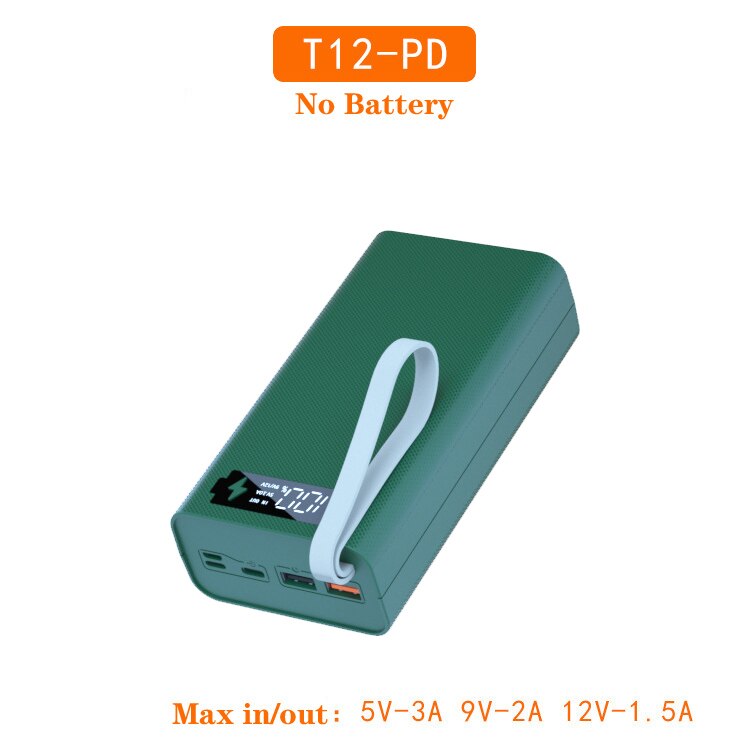 Powerbank-gehäuse mit push-pull-mechanismus, zwei usb-anschlüssen, digitalanzeige, kabellosem handy-ladegerät, diy-gehäuse für 12*18650 akkus: T12- pd-grün