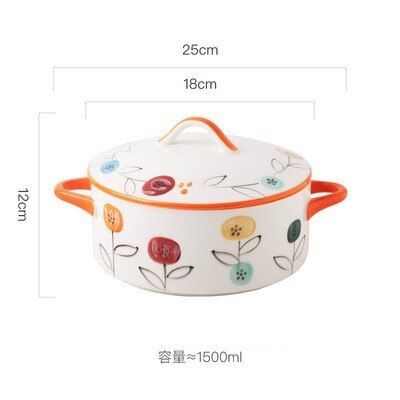 10 Inch Dessert Keramische Kookpan Met Deksel Nordic Stijl Creatieve Noedelkom Soepkom Ramen Kom Huishoudelijke Rijstkom servies: 1500ml-flower