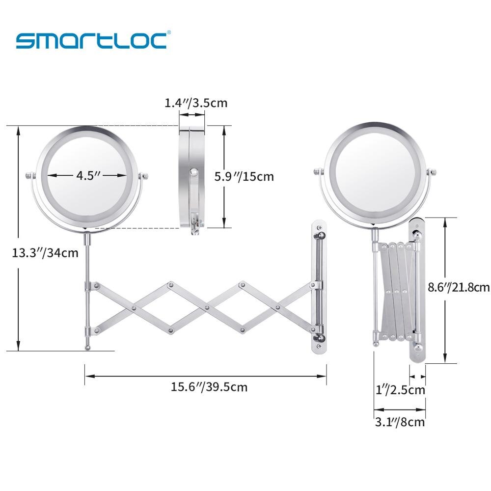 Smartloc braço de ferro estender fixado na parede 15cm 2 face 3x ampliação led luz espelho do banheiro vaidade pendurado espelhos redondos