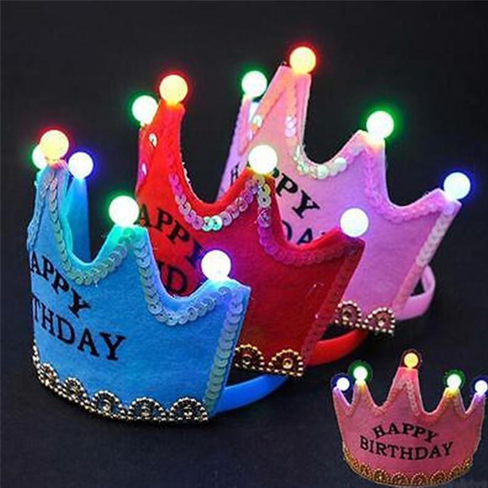 LED King Princess Happy Birthday Felt Crown Hats Baby Shower Boy Girl Birthday Party Headband Decorations Supplies