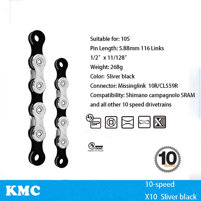 KMC Bicycle Chain X8 X9 X9sl X10 X10sl X11SL X12 Bike Chain For Shimano/SRAM 8 9 10 11 12 speed 116L MTB Road Cycing Chains part: X10  silver black