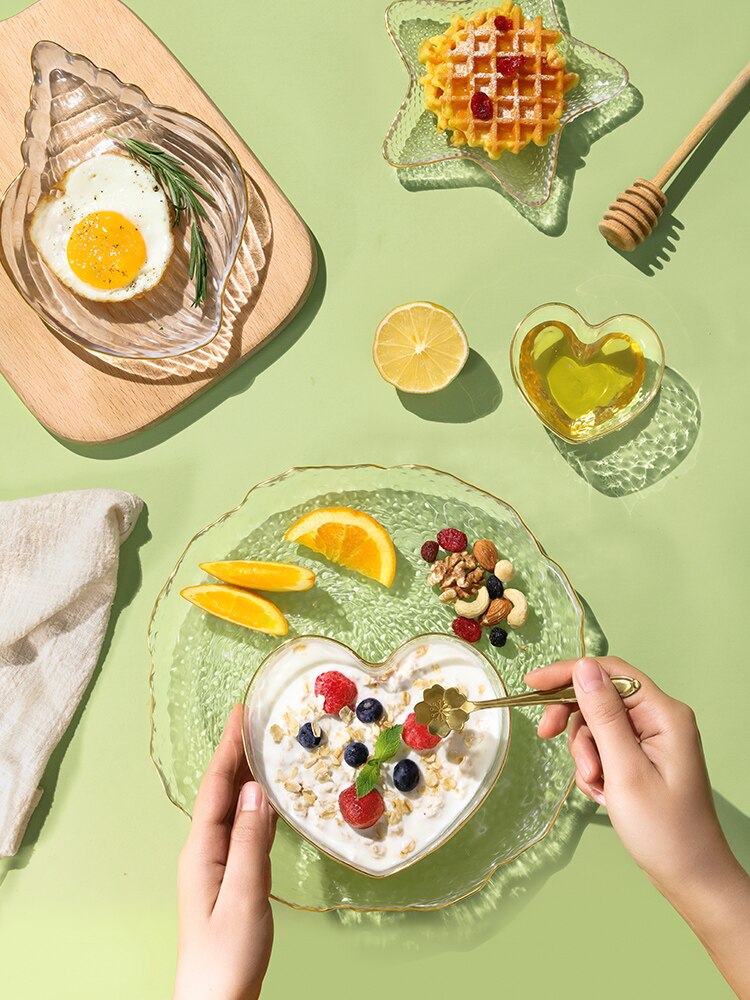 Bord doré coeur pêche ménage saladier bol en verre assiette transparent dessert fruits style japonais salade vaisselle