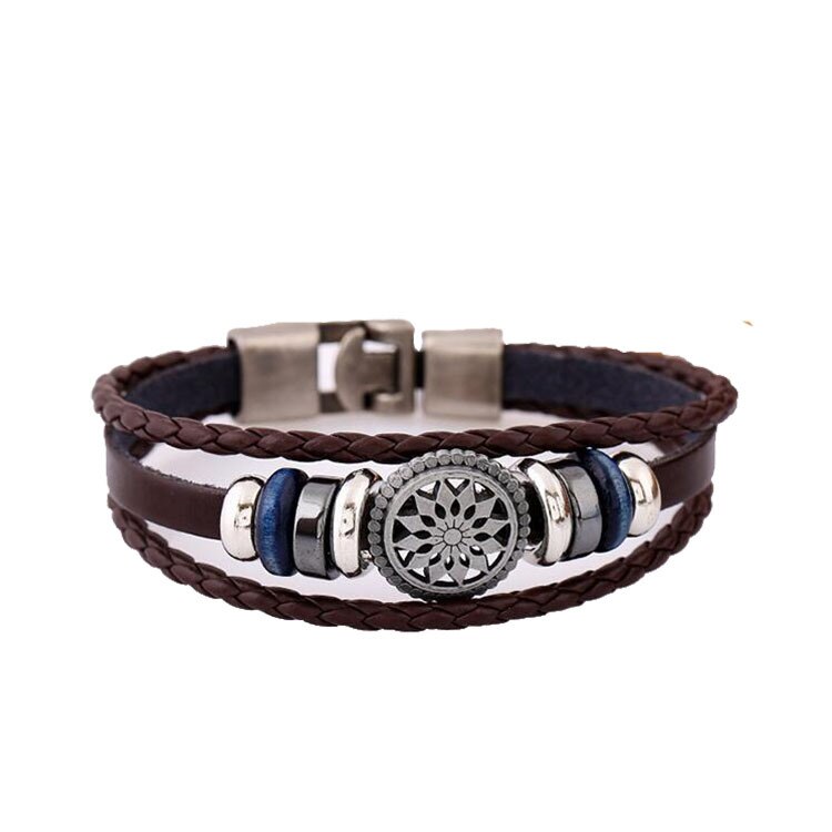 Lucky Vintage Men's Leather Bracelet Wood Beads Charm Multilayer Braided Bracelets Bangles Women Pulseira Masculina