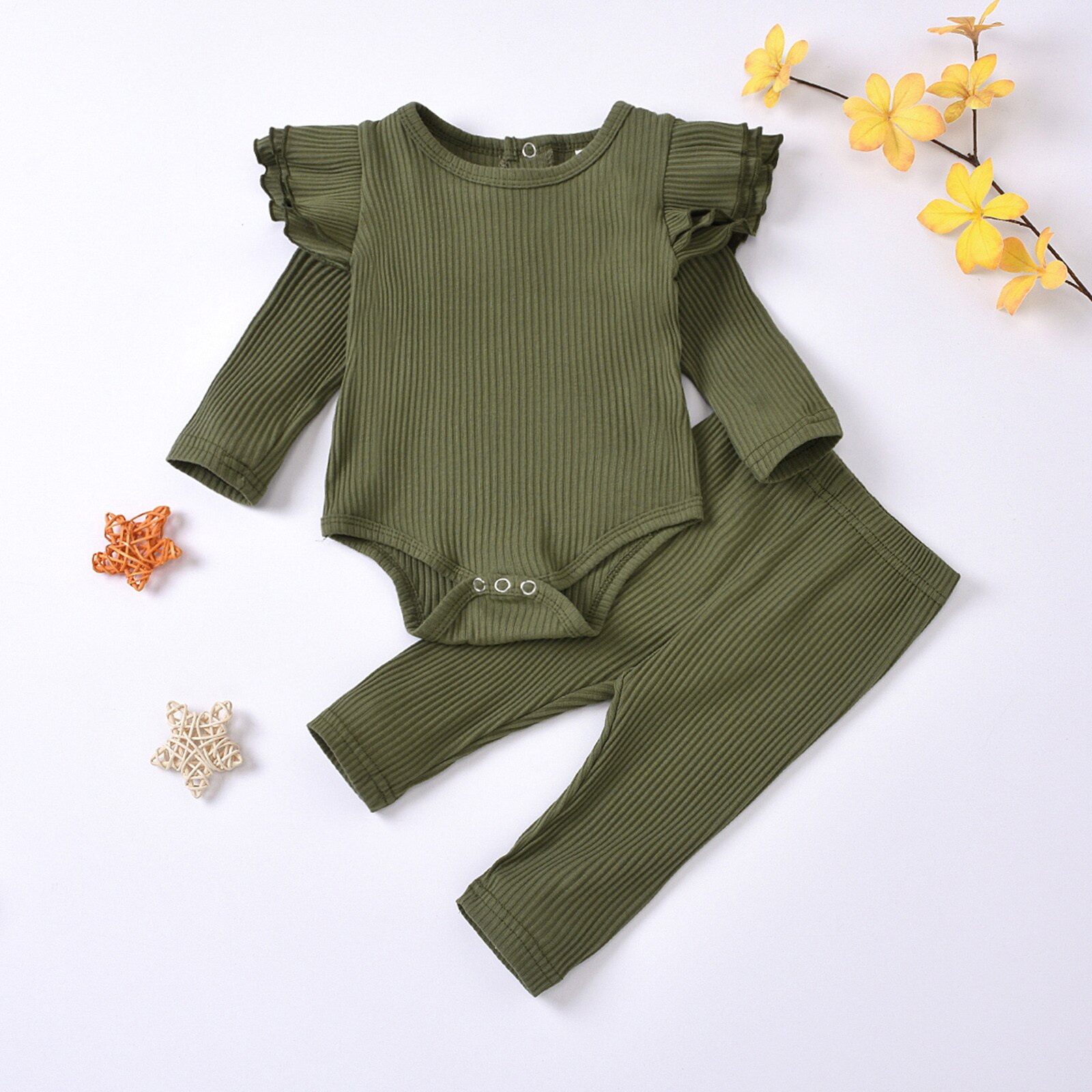 -né solide à volants ensemble de vêtements bébé garçons filles solide tricoté barboteuse hauts + pantalons ensembles tenues infantile enfants doux vêtements costume