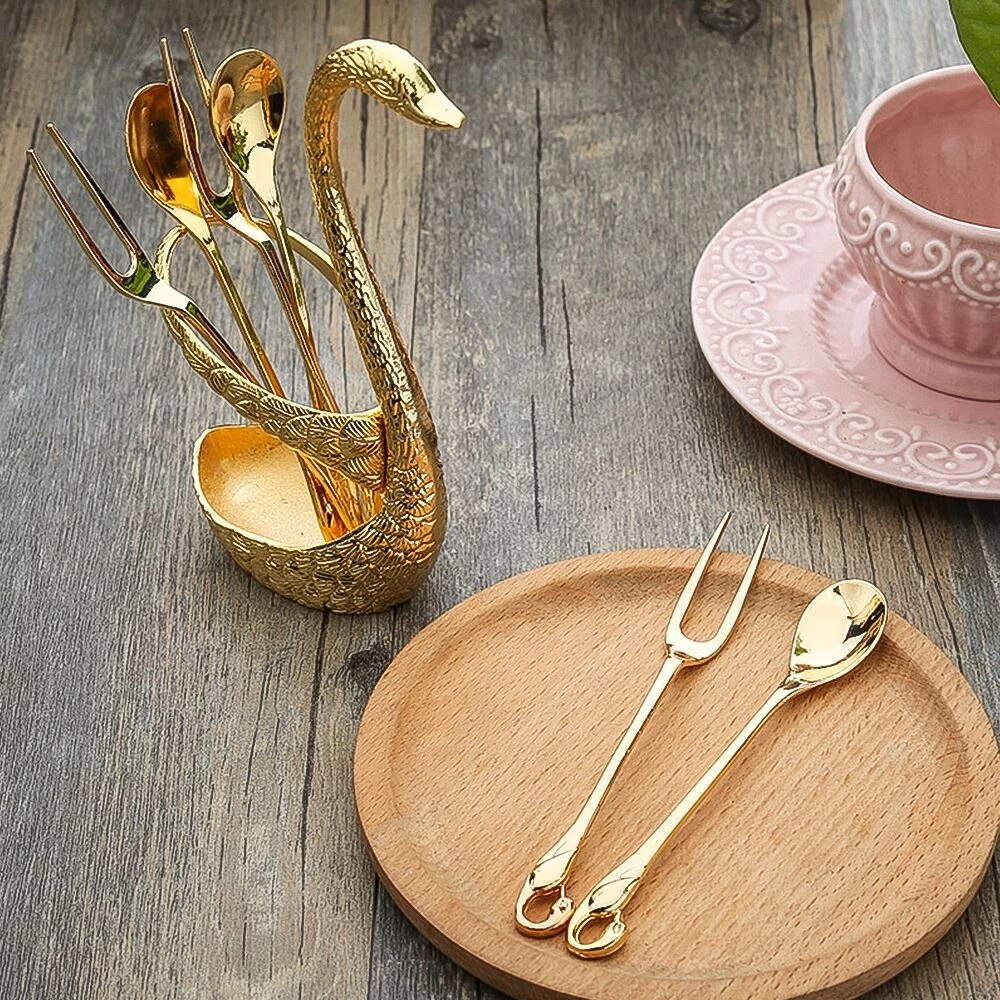 Swan Fruit Base Holder Forks Set Stainless Steel Flatware Bento Accessories Salad Dessert Fork Coffee Spoon Cake Fork Dinner Set