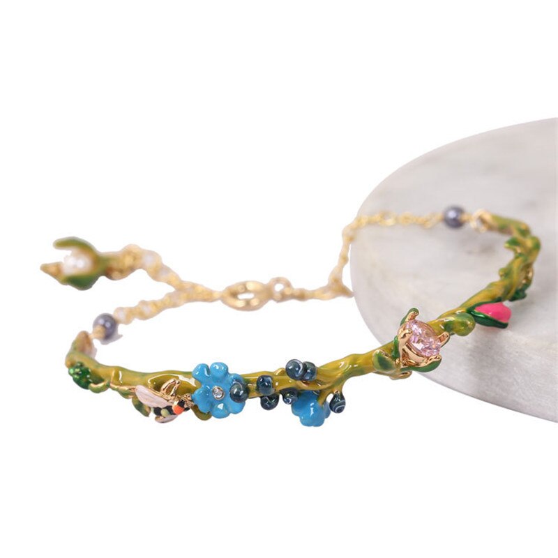 Nouvelle série Rose fleur bleue abeille fleur branche gemme Bracelet femme émail bijoux