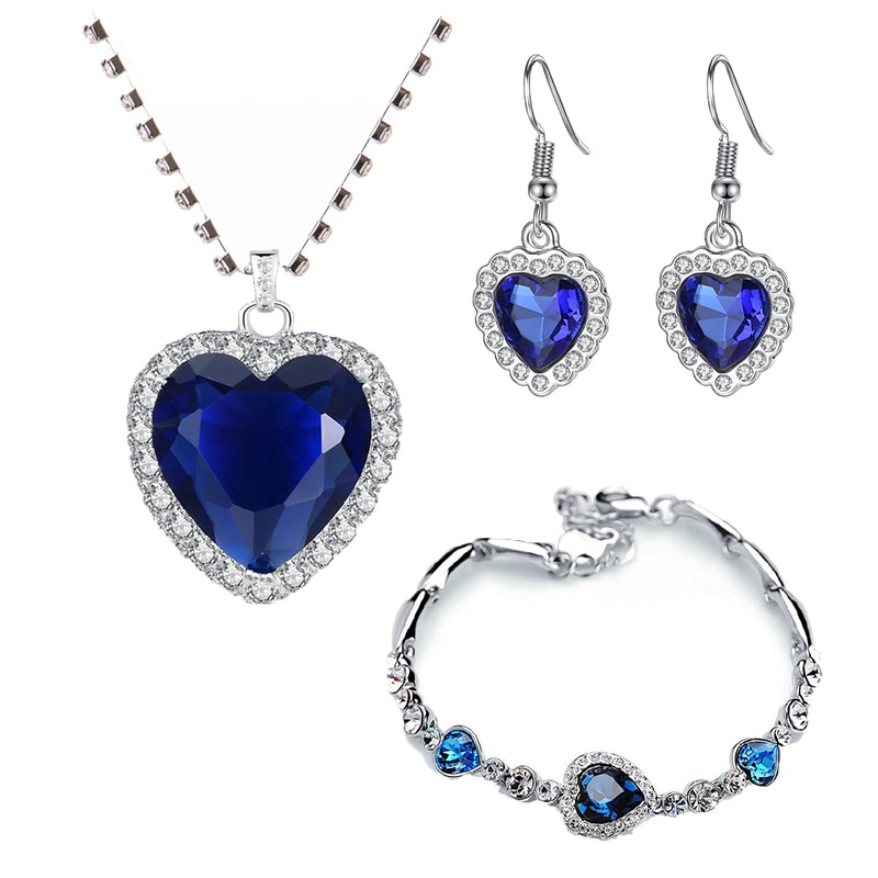 Titanic heart of ocean halskæder til kvinder ferskenhjerte blå krystal zircon smykkesæt kvindelige bryllup forlovelses smykker