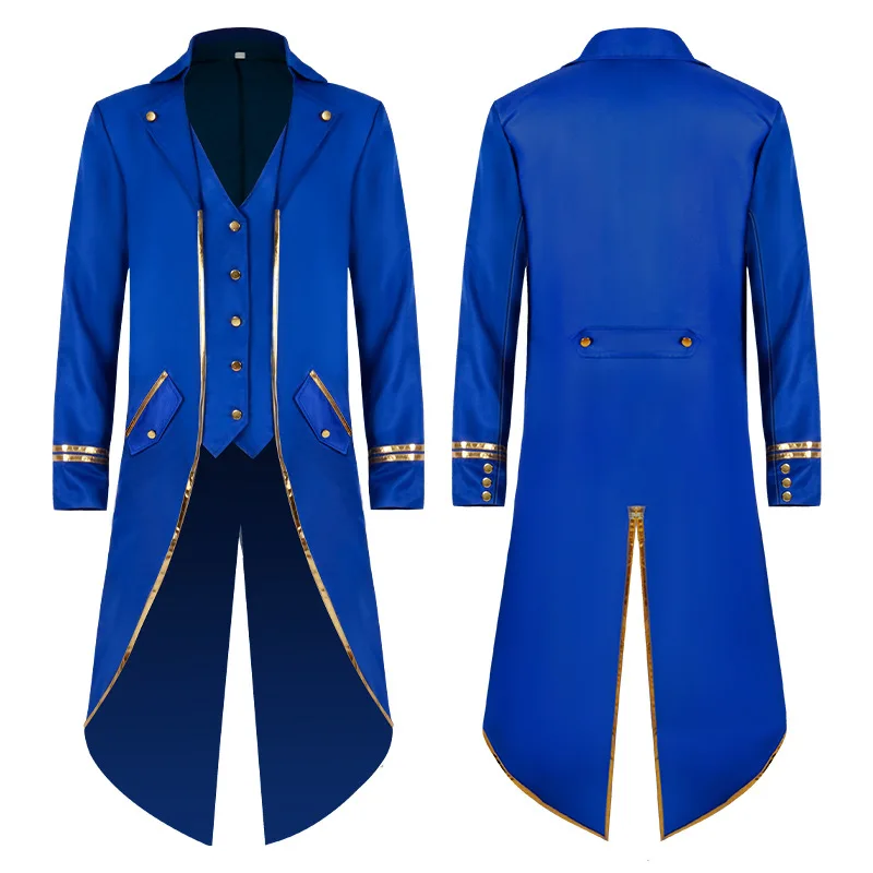 Men's Steampunk Victorian Jacket Gothic Medieval Vintage Tuxedo Mid-Length Phnom Penh Cosplay Costume Trench Coat Jacket: XXL / Blue