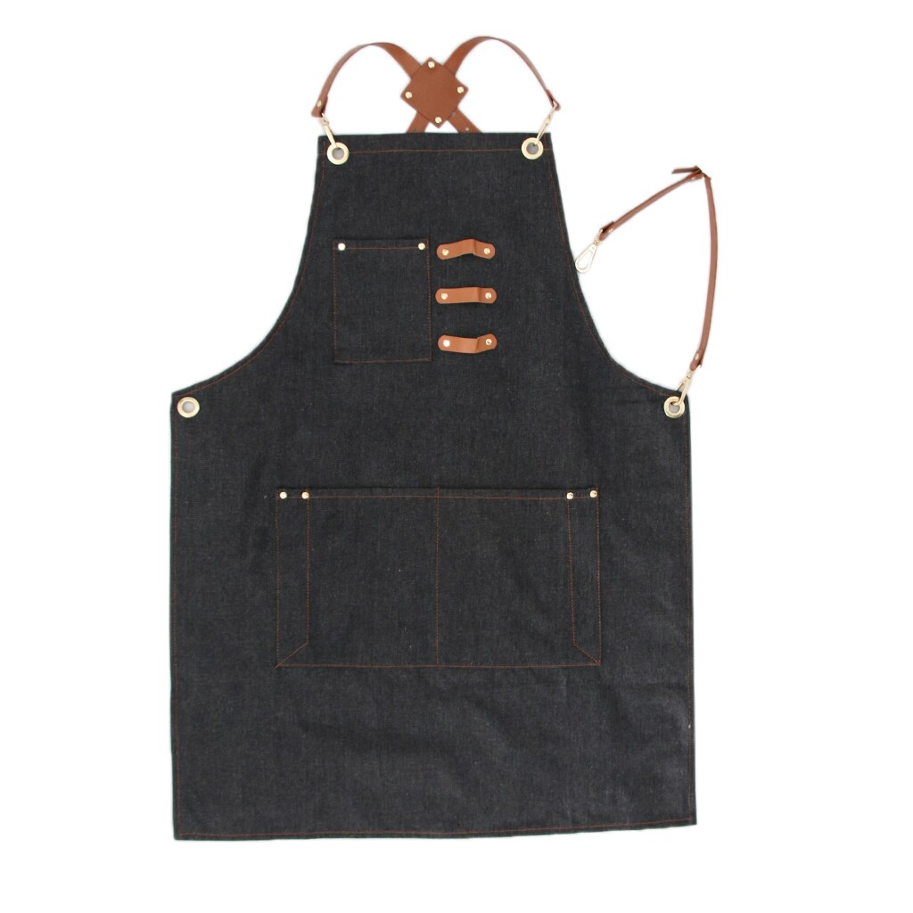 Leather Strap Denim Bib Apron BBQ Baker Bartender Barista Chef Work Uniform