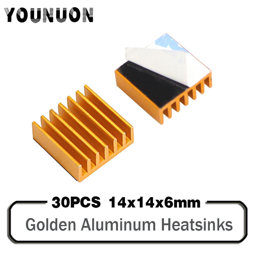 30Pcs Younuon 14X14X6Mm Golden Aluminium Heatsink 14Mm X 6Mm Chip Cpu Gpu vga Ram Led Ic Koellichaam Radiator Met 3M Tape