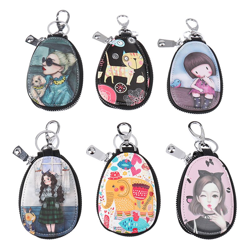 Cartoon Women Key Bag Girl Students Leather Key Wallets Key Case For Car Key Chains Cover Lovely Zipper Key Holder