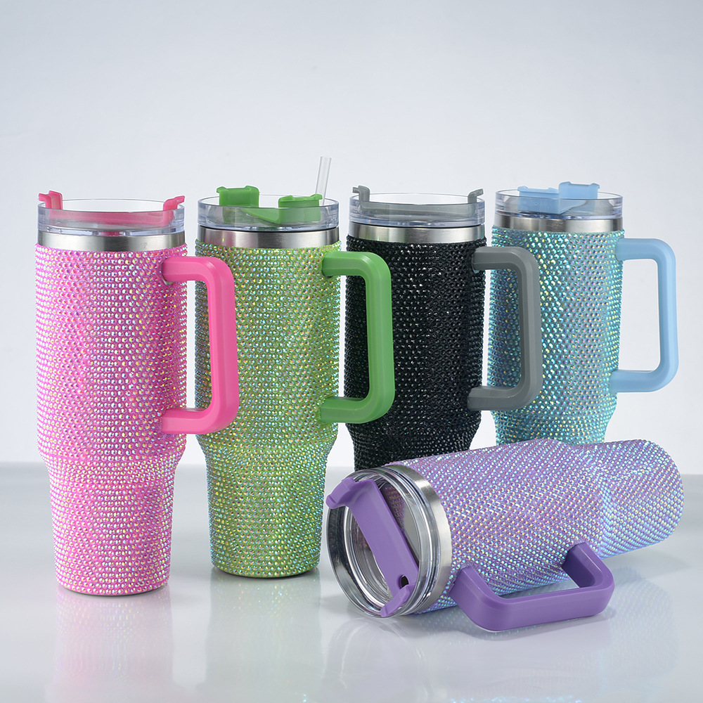 Taza Termo de diamante de 40oz con asa, botella aislada de café al vacío de acero inoxidable 304, frascos portátiles para coche
