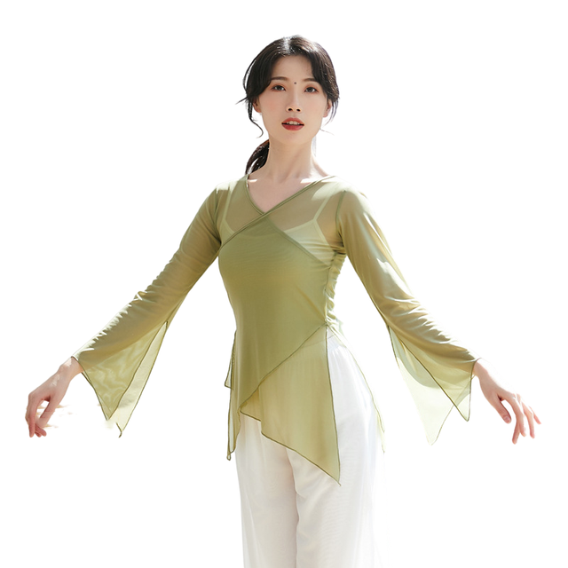 Klassiek Dansshirt Sexy V-Hals Body Rijm Transparant Gaas Jurk Vrouwen Chinese Folk Danser Performance Kostuum Lange Mouw: M / Oranje