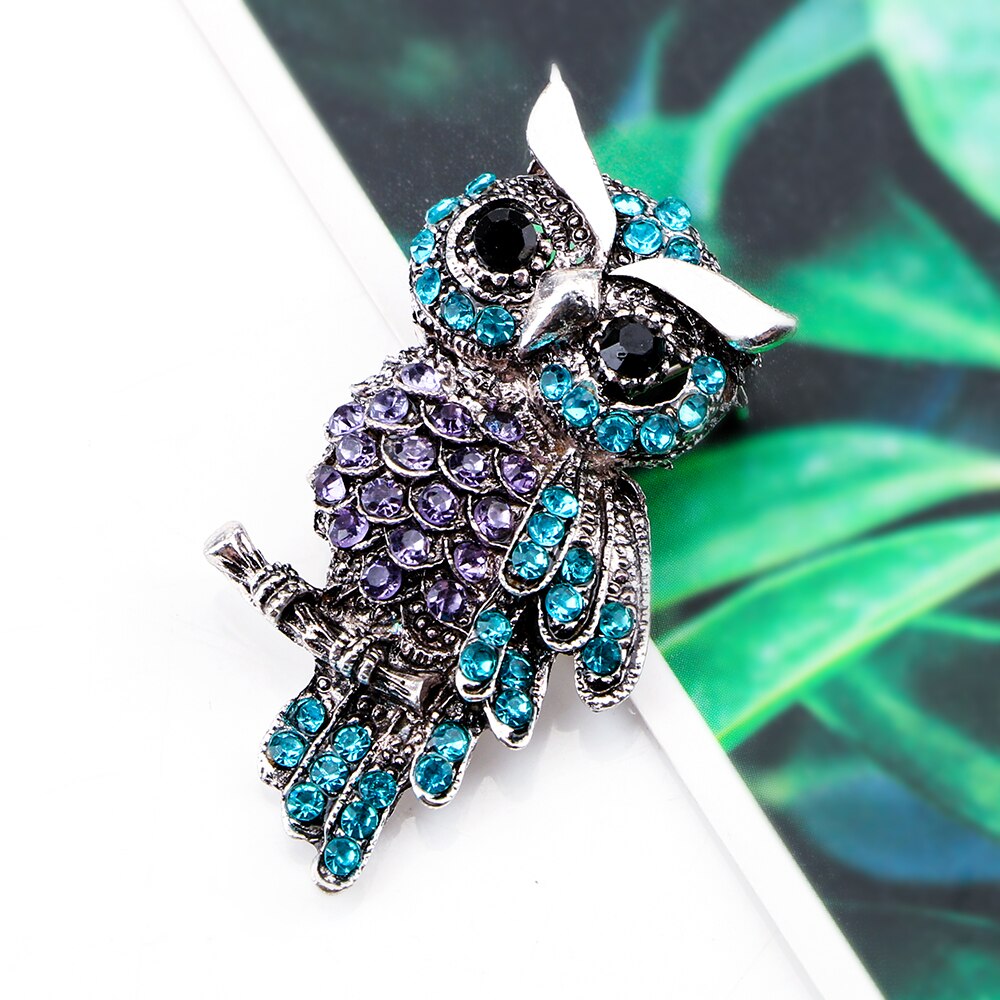 Broche de búho de aleación de Zinc, broche azul de imitación de diamantes de imitación, accesorios creativos de de cumpleaños, artículos de , insignia de búho: Plata