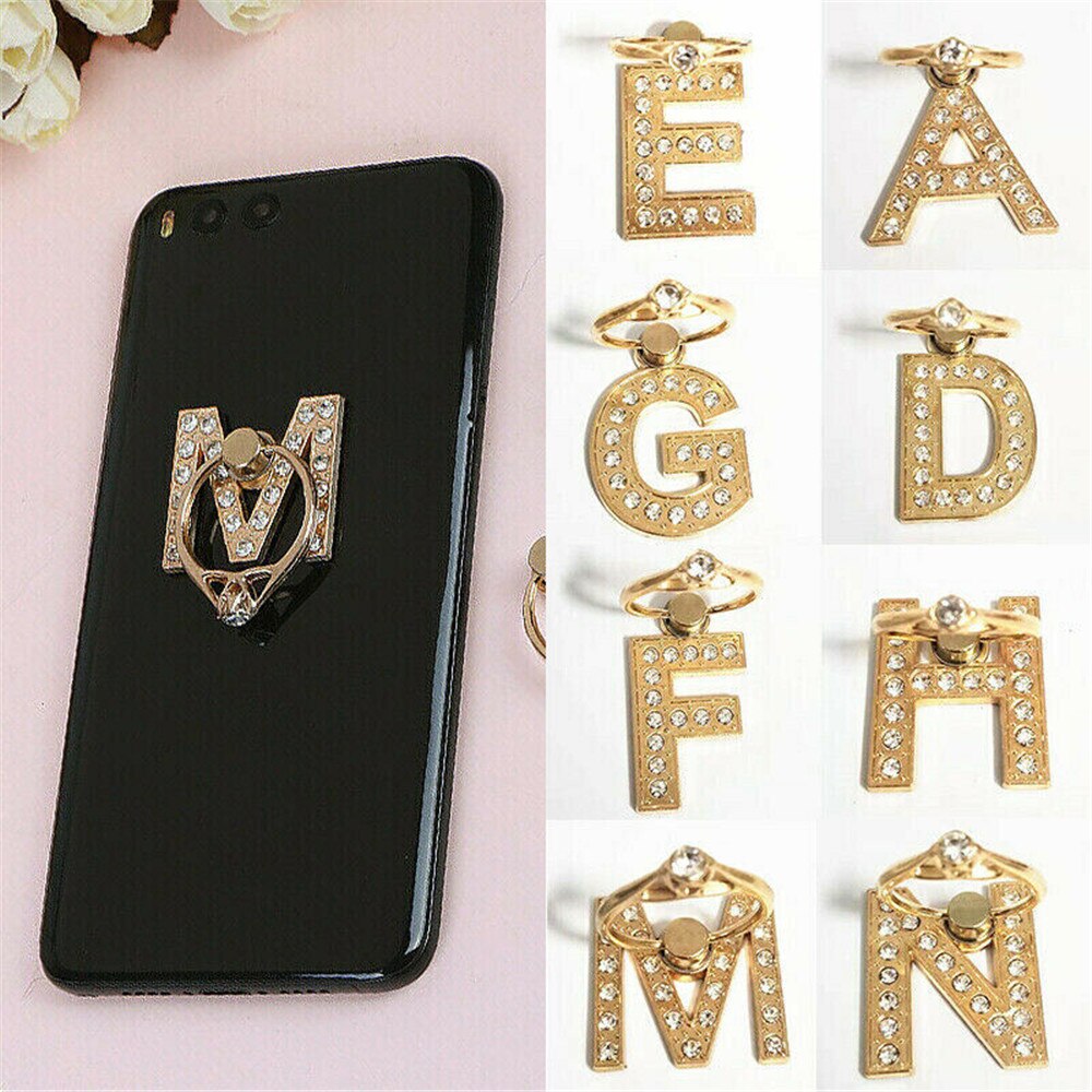 360 Rotation Universal Smartphone A-Z Letter Stand Multi-Function Cell Phone Bracket Alphabet Luxury Diamond Finger Ring Holder