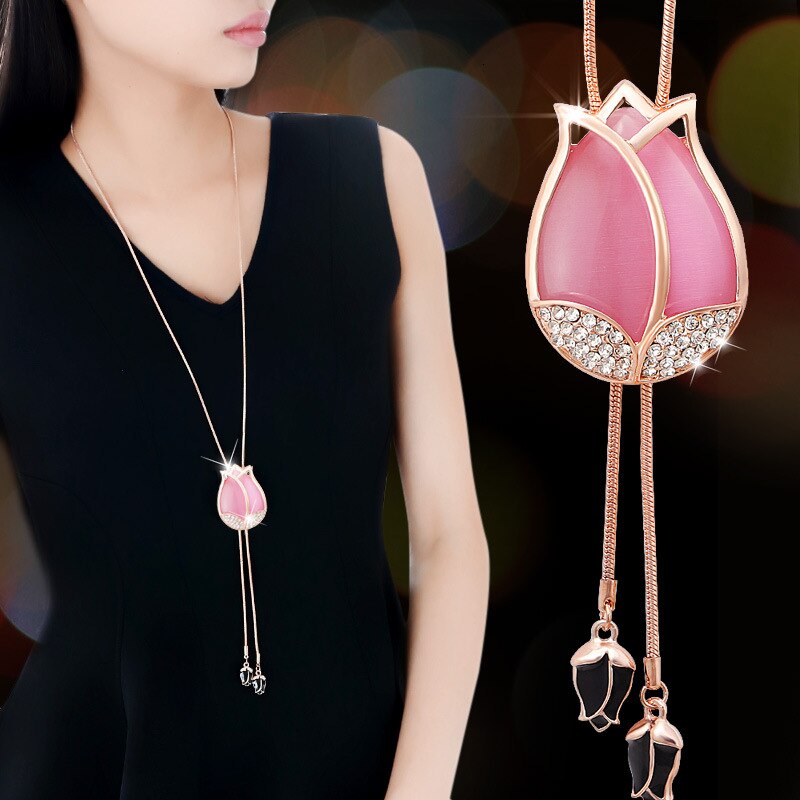 Luxury Long Chain Necklaces & Pendants for Women Waterdrop Gray Crystal Necklace Female Collier Femme Party Jewelry: S10-Big Pink Tulip