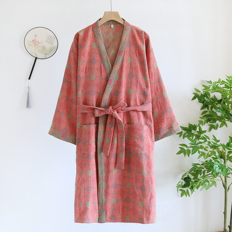 Flerfärgad kimono-badrock dampyjamaskläder för vår och sommar bomull lösa hemsovkläder kimono-rockar med bälte: L / Blå